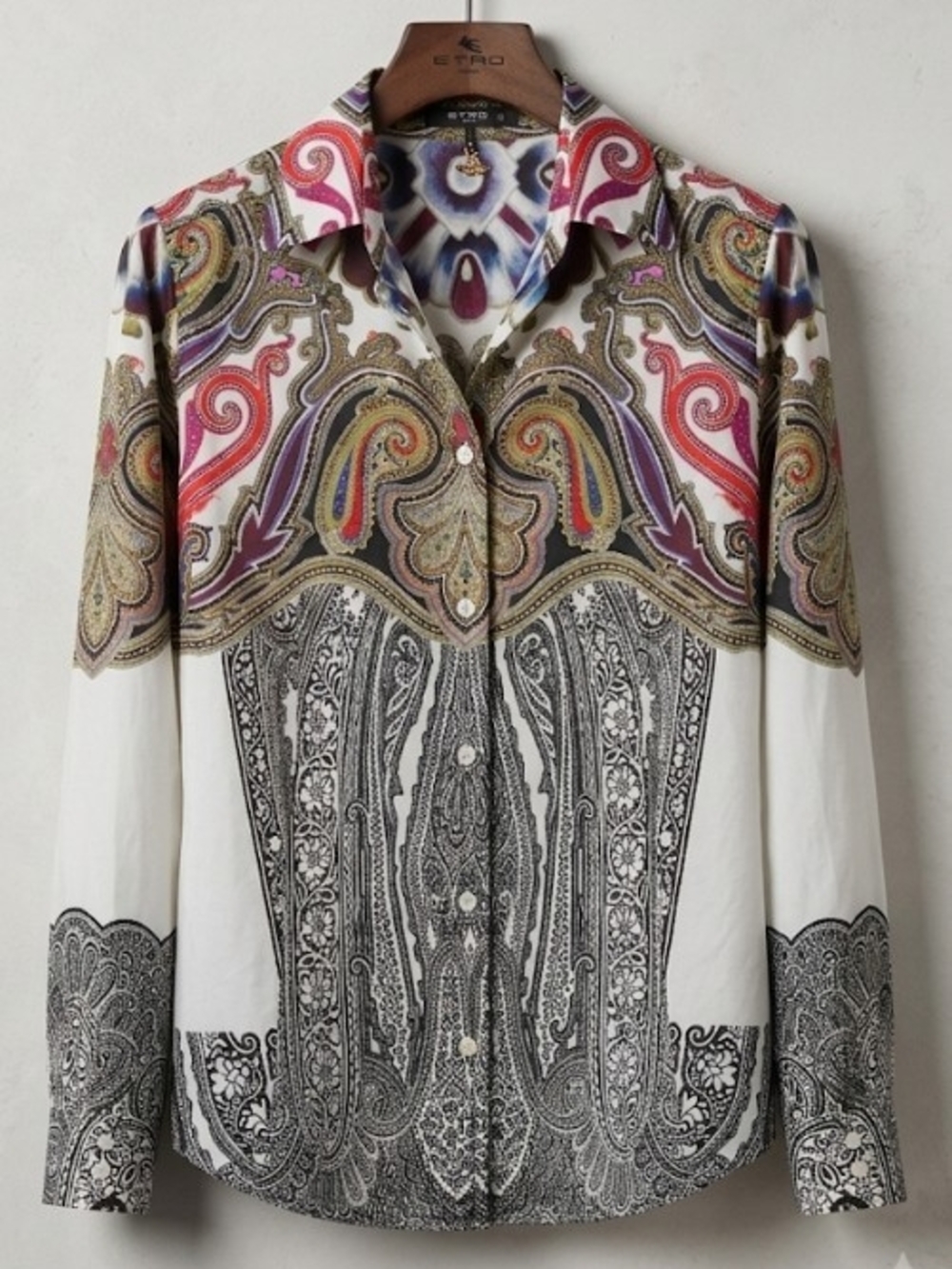 Etro Multicolor Paisley Print Stretch Cotton Shirt (Sz 8/M) Designer Lux